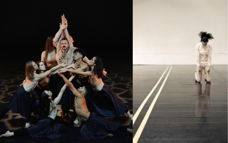 On the left a group of dancers are reaching a dancers hand raised up, on the right a dancer is on their knees facing down