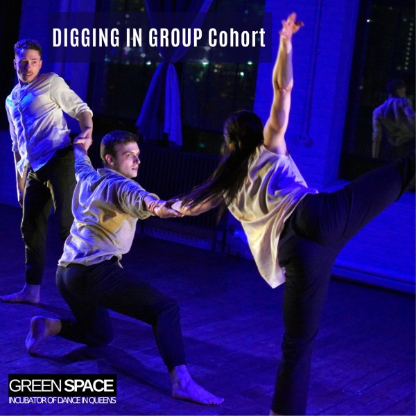 3 dancers holding each others arms in a shift of weight, onstage with a blue wash