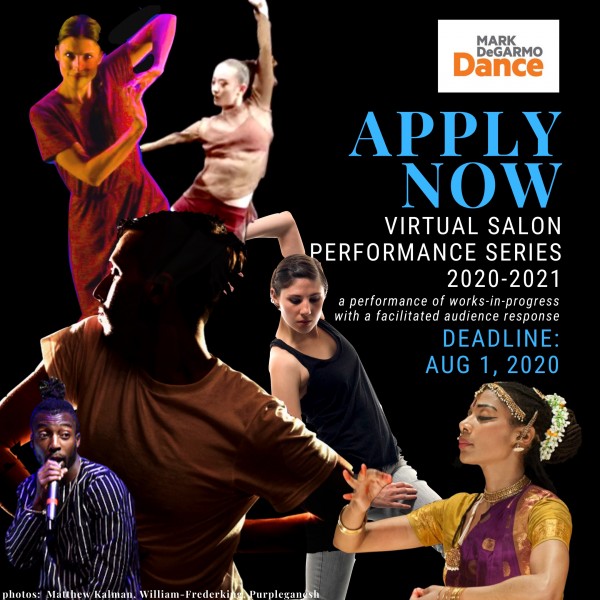 Dancers layered on a dark background. Text reads "Apply Now" with the Mark DeGarmo Dance logo in top right.