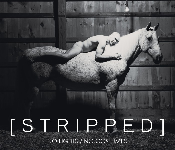 Doug Varone on a Horse. Text: STRIPPED. No Costumes. No Lights.