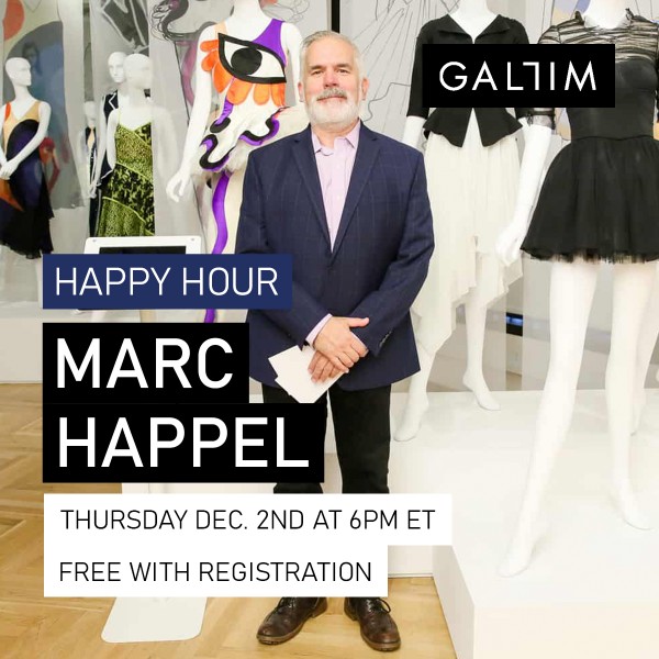 Marc Happel in front of mannequins in costume shop. Text: HAPPY HOUR Thurs. Dec 2 at 6pm Free with Registration