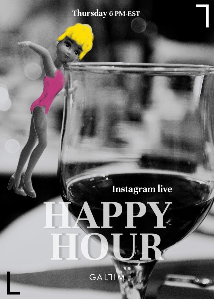 A doll in a pink bathing suit dives into a glass of wine. Text in the lower right corner reads "Happy Hour"