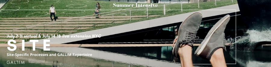 A pair of feet are visible in the frame from someone upside down in grey shoes in front of the Henry Moore reflecting pool at Lincoln Center, there are two dancers in the background on the green. Text: Summer Intensive SITE Site Specific Processes and GALLIM Repertoire. July 7-11 virtual & July 14-18 Live Extension NYC