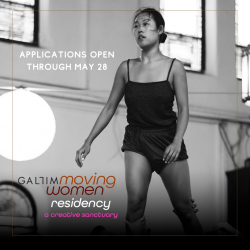 A woman is being lifted from her ankles and looks like she is walking forward, she wears a black tank top and shorts. Text says: GALLIM Moving Women Residency, a creative sanctuary. Applications open through May 28