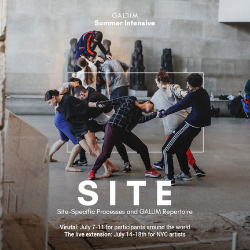 A group of dancers move in a circle with hands linked, twisting and pulling. They are in the Temple of Dendur at the Metropolitan Museum of Art.