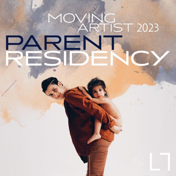 A woman in orange/brown clothing stands with her baby on her back. There is a splash of blue and orange watercolor in the backgr