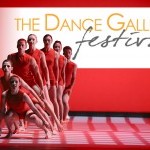 The Dance Gallery Festival logo on a white banner behind 7 dancers on a red background