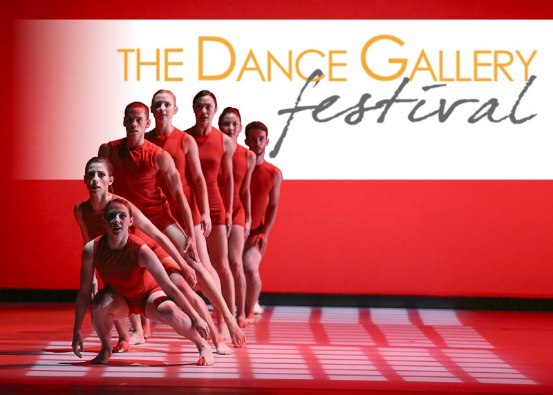 The Dance Gallery Festival logo on a white banner behind 7 dancers on a red background