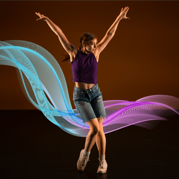 Blue and Pink wave graphic behind a dancer striking a pose 