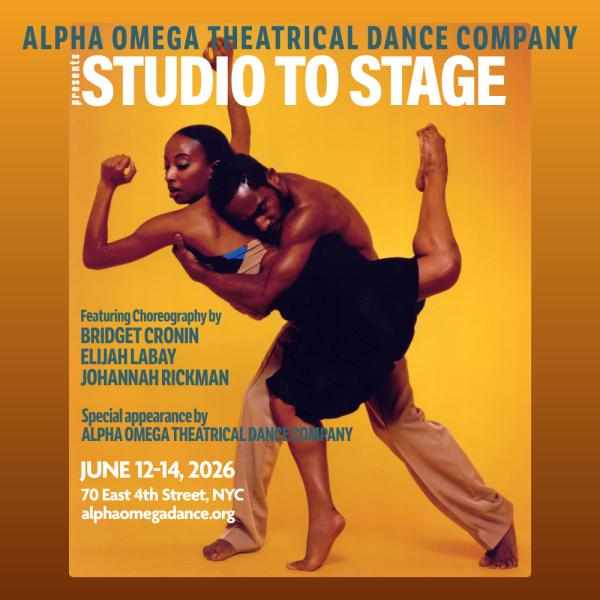 Two dancers with yellow backdrop in action pose with description of the event details.
