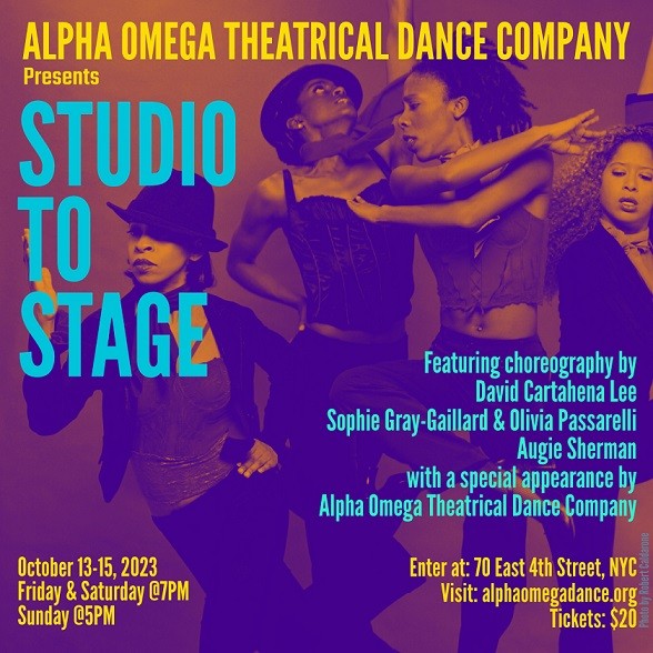 Four female dancers in action with Tango influenced costumes, attitudes, and positions.