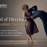 “Promotional image for danceTactics Board of Directors applications featuring two contemporary dancers in motion with text invi
