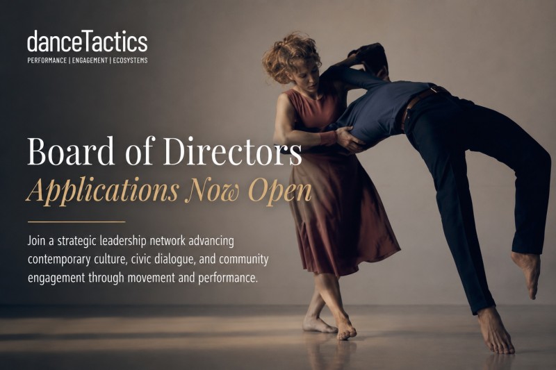 &ldquo;Promotional image for danceTactics  Board of Directors applications featuring two contemporary dancers in motion with text invi