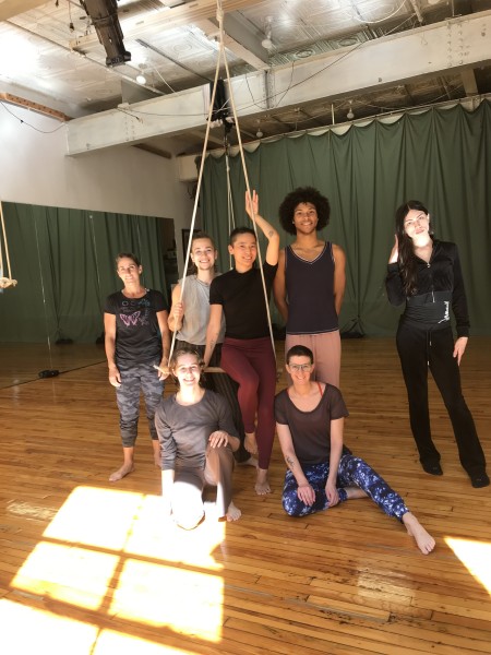 Seven people gathered around a low-flying trapeze dressed in casual workout clothing. The sun shines brightly on the floor