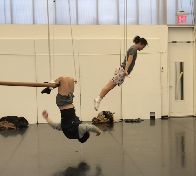 2 people in workout gear on low trapeze; 1 hangs from knees, the other pushes body up on bar with hands in diagonal shape.