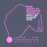 Grey square flyer with a pink drawn line creating a shape with legs that connects two blocks of text with basic residency info