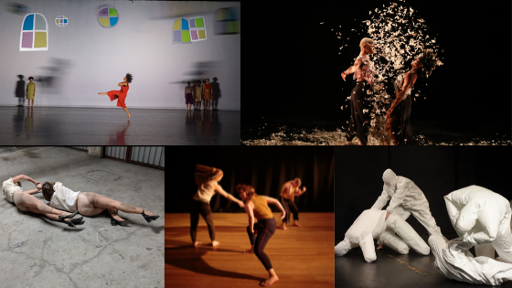 A collage of 5 performance images from the participating artists.