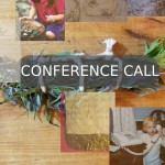Photo collage with leaves and branches tied with a white rope and two images of young children, and the text CONFERENCE CALL.