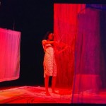 Joanna is pictured behind two panels of fabric wearing a thin-strapped dress and holding a violin. The image has a red tint