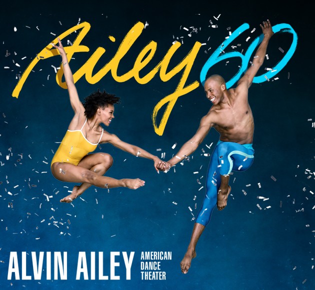 Ailey 60 written in script above two dancers jumping against a blue background, with silver confetti flying around them.