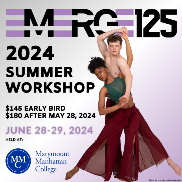 Two dancers in a pose linking arms, graphic with a purple gradient and text.