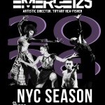 Dancers pose in front of 2026. Black background with white and purple words, EMERGE125 NYC Season