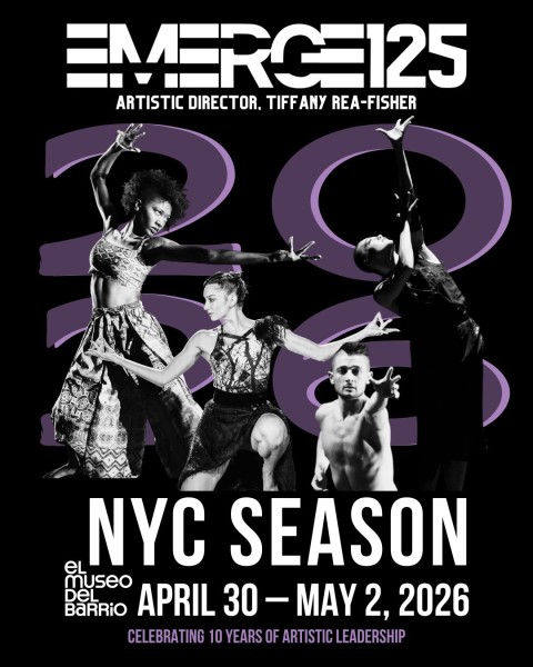 Dancers pose in front of 2026. Black background with white and purple words, EMERGE125 NYC Season