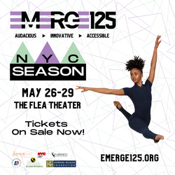 EMERGE125 2022 NYC Season May 26-29, 1 black female dancer with natural hair in blue unitard leaping