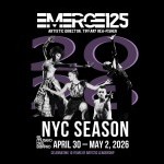 Dancers pose in front of 2026. Black background with white and purple words, EMERGE125 NYC Season