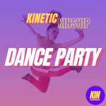 Dance Party in white block letters overlaid on a photo of Samantha Barriento jumping. Kinetic Kinship logo on top.