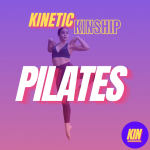 Pilates in white block letters overlaid on a photo of Ashley Larosa jumping in a passe position. Kinetic Kinship logo on top.
