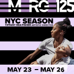Flyer for EMERGE125 season 5/23 - 26. Black and purple stripe background, 2 dancers - 1 black w/ braids, 1 asian w/ low cut