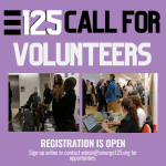 E125 Call for Volunteers. Registration is Open. Sign up online or contact admin@emerge125.org for opportunities