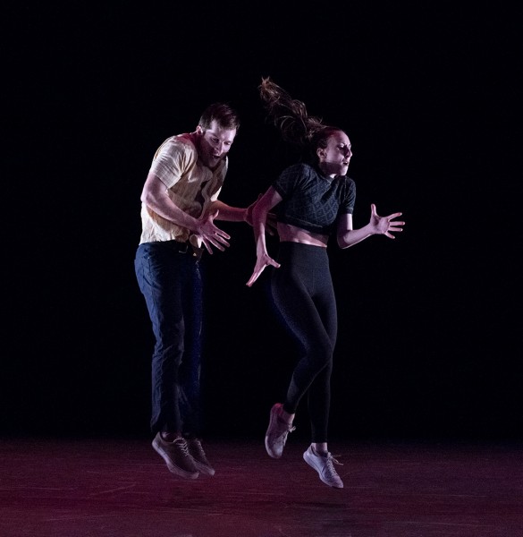 A jazz dance duet with the dancers in a small jump (with a jazzy attitude!).