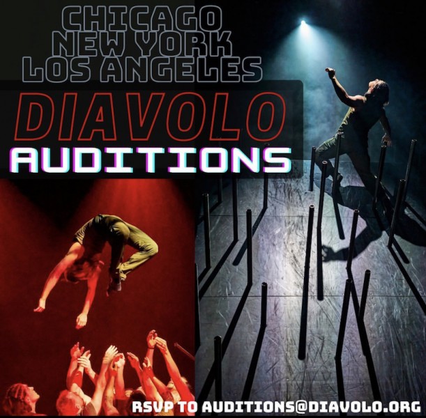 An image of dancers throwing up another dancer, with text reading Diavolo Auditions, Chicago, New York, Los Angeles