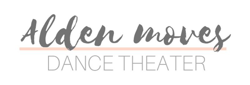 segment of the ALDEN MOVES Dance Theater logo in gray print with a soft pink line in between ALDEN MOVES and Dance Theater