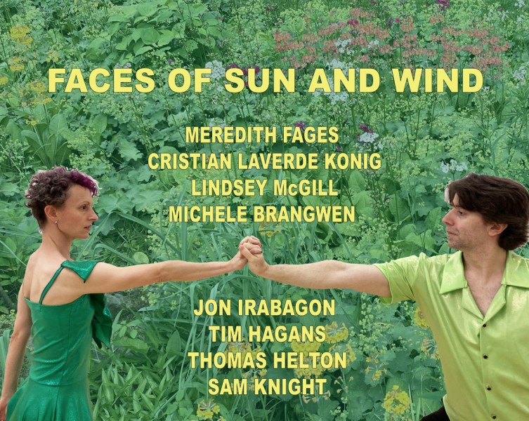 Two dancers: A woman in kelly green and a man in a lime green shirt reach and clasp each other's hands in front of a floral back