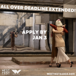 Two dancers tango in a reflective industrial space. Text: "All Over Deadline Extended! Apply by Jan 3." 
