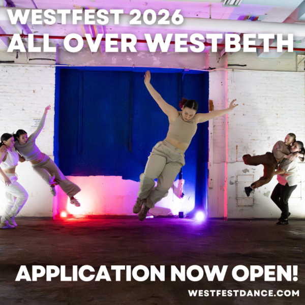 5 dancers jumping and leaping in a white brick-walled space, with text publicizing All Over Westbeth's Application
