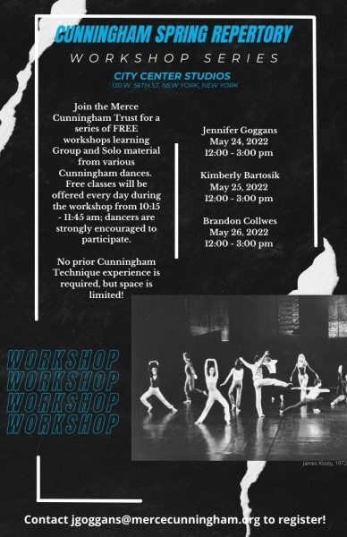 Workshop flyer listing dates; photo of Merce Cunningham with company