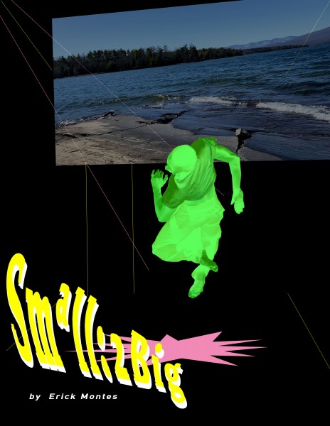 a collage of images, featuring the bay of a lake in the upper right corner. The collage is featuring Erick in a barrel turn jump