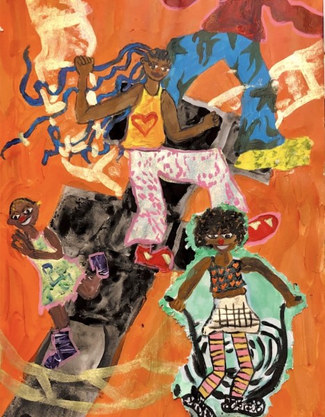 artwork of kids playing hopscotch on an orange background