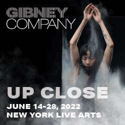 Dancer Jie-Hung Connie Shiau gazes down with both arms raised overhead, slightly obscured by plexiglass and fog. Text reads Gibney Company: Up Close.