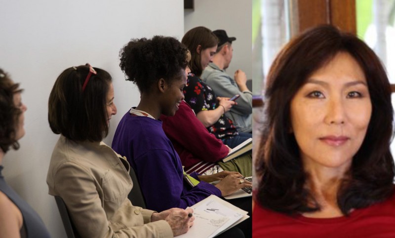 Two images side by side. Left image of a group of people writing in a workshop, the right image of Bonnie Oda Homsey smiling. 