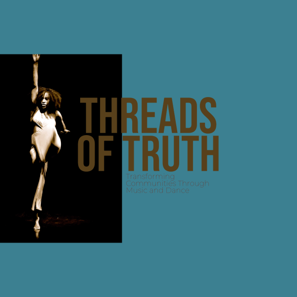 Threads of Truth Logo, Female Dancer Reaching up with Blue Background