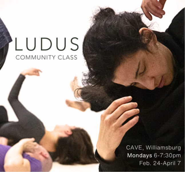 Graphic text that reads "LUDUS community class" and class information "Feb 24-April 07  CAVE, Williamsburg Mondays, 6-7:30pm"