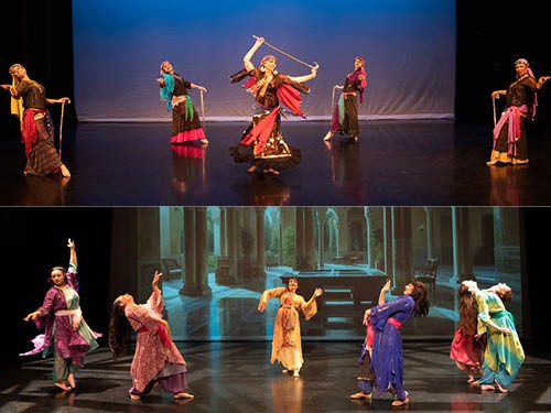 Top image shows dancers in Egyptian folkloric costumes; lower image shows dancers in flowing robes.
