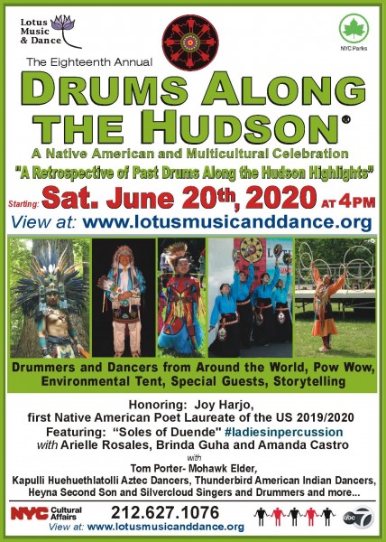 Online Event: Drums Along the Hudson. Saturday, June 20th, 2020 at 4pm. Visit www.lotusmusicanddance.org to view the video