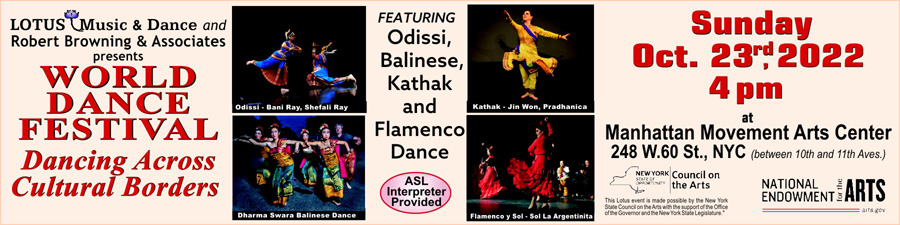Advertisement for World Dance Festival Sunday, Oct. 23rd at Manhattan Movement arts center featuring Odissis, Balinese Kathak, and Flamenco Dance