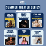 light blue background with text that says summer theatre series and contains 6 blocks of photos and info about each workshops